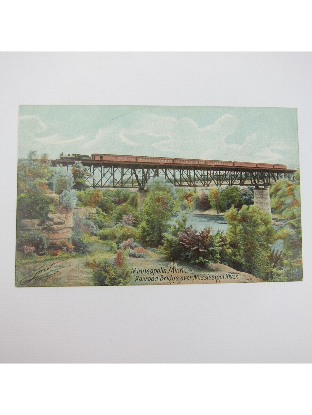 Train Postcard Minneapolis Railroad Bridge Mississippi River Antique UNPOSTED